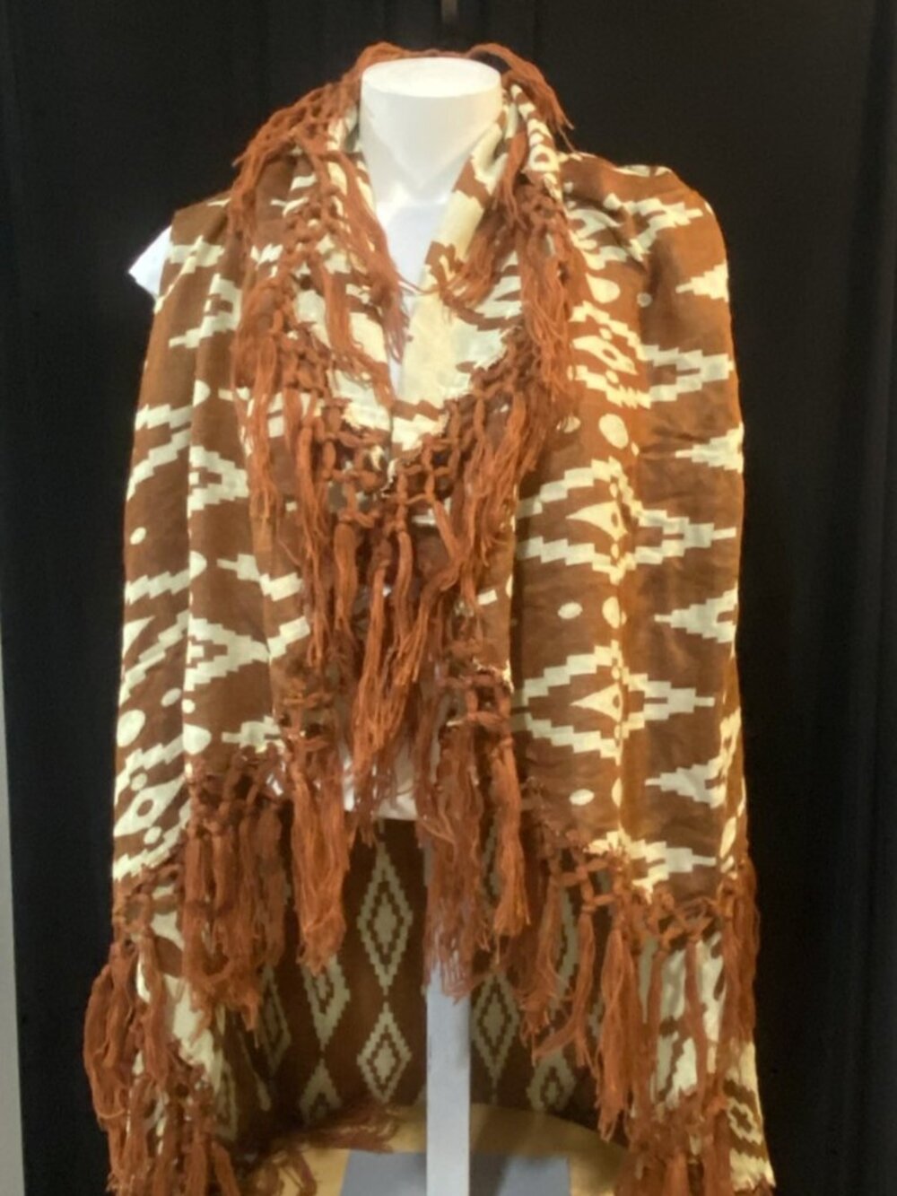 Raj Boho Fringe Open Front Vest Poncho Brown Cream OS Geometric